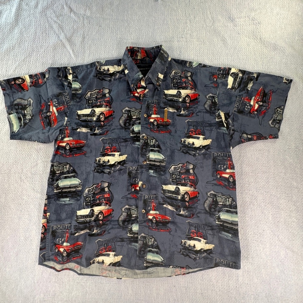 North River Route 66 Classic Car Print Shirt Mens XL Blue Cotton Button Down